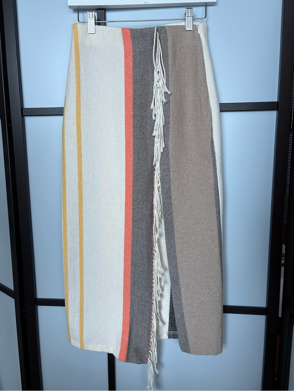 Zara NWT Striped Fringe Slit Midi Skirt Size XS Cotton Blend